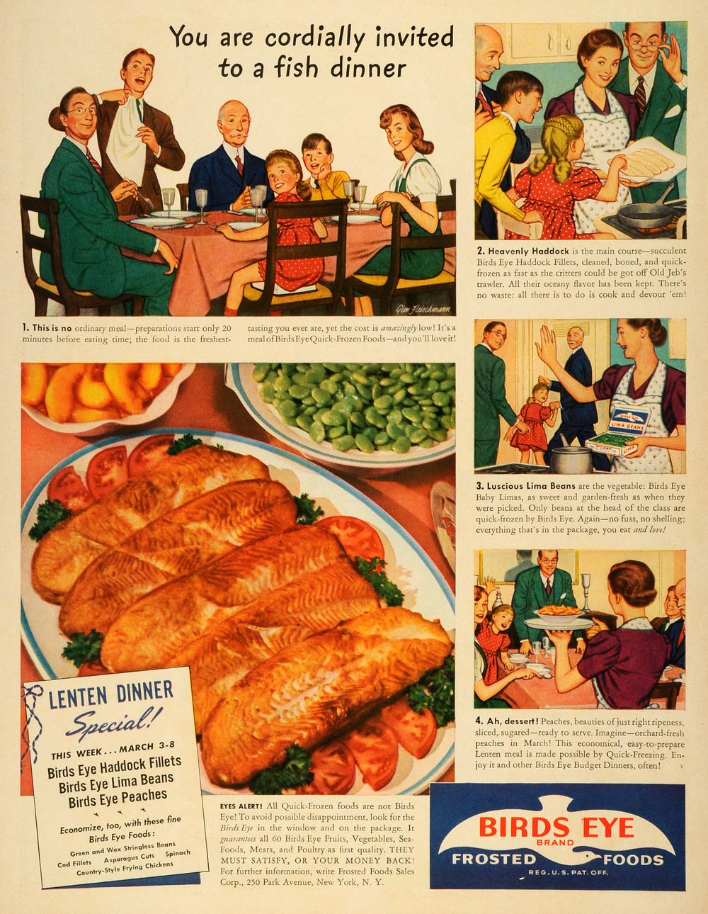 1941 Ad Birds Eye Snider Logo Frosted Foods Cartoons Glen Fleischmann Fish LF4
