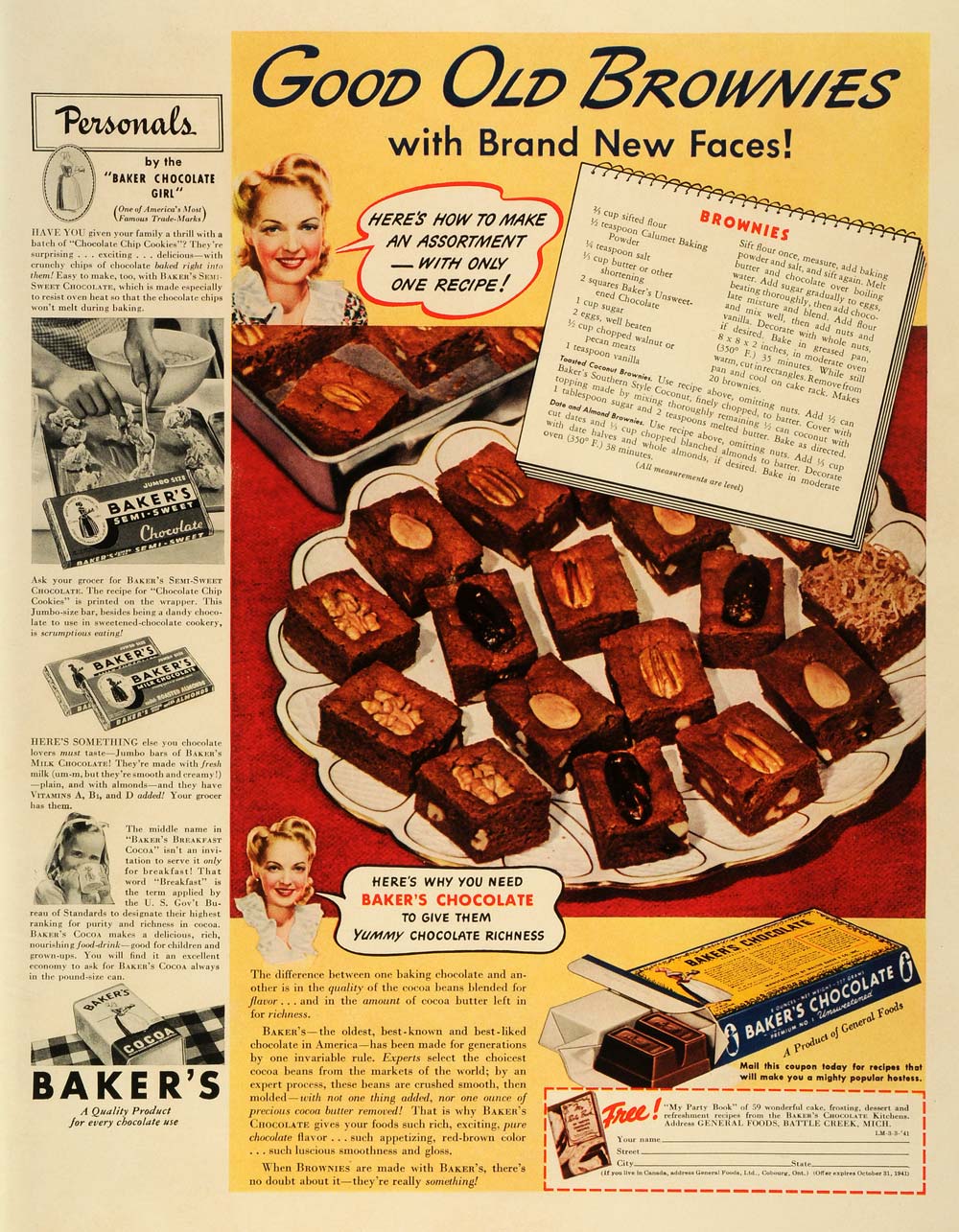 1941 Ad General Foods Baker's Unsweetened Chocolate Bar Brownies Recipe LF4