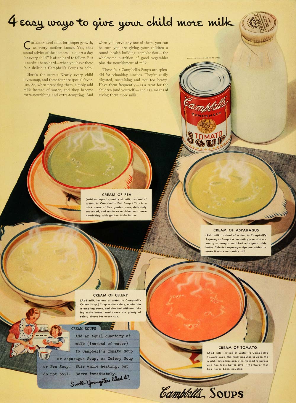 1941 Ad Campbell Soup Co Condensed Tomato Cream of Pea Celery Asparagus LF4