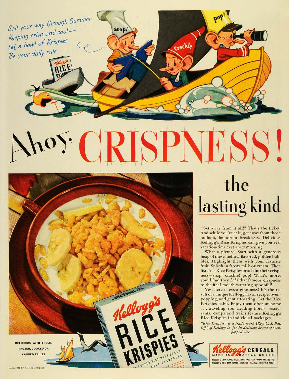 1941 Ad Kelloggs Rice Krispies Cereal Snap Crackle Pop Characters Fishing LF5 - Period Paper
