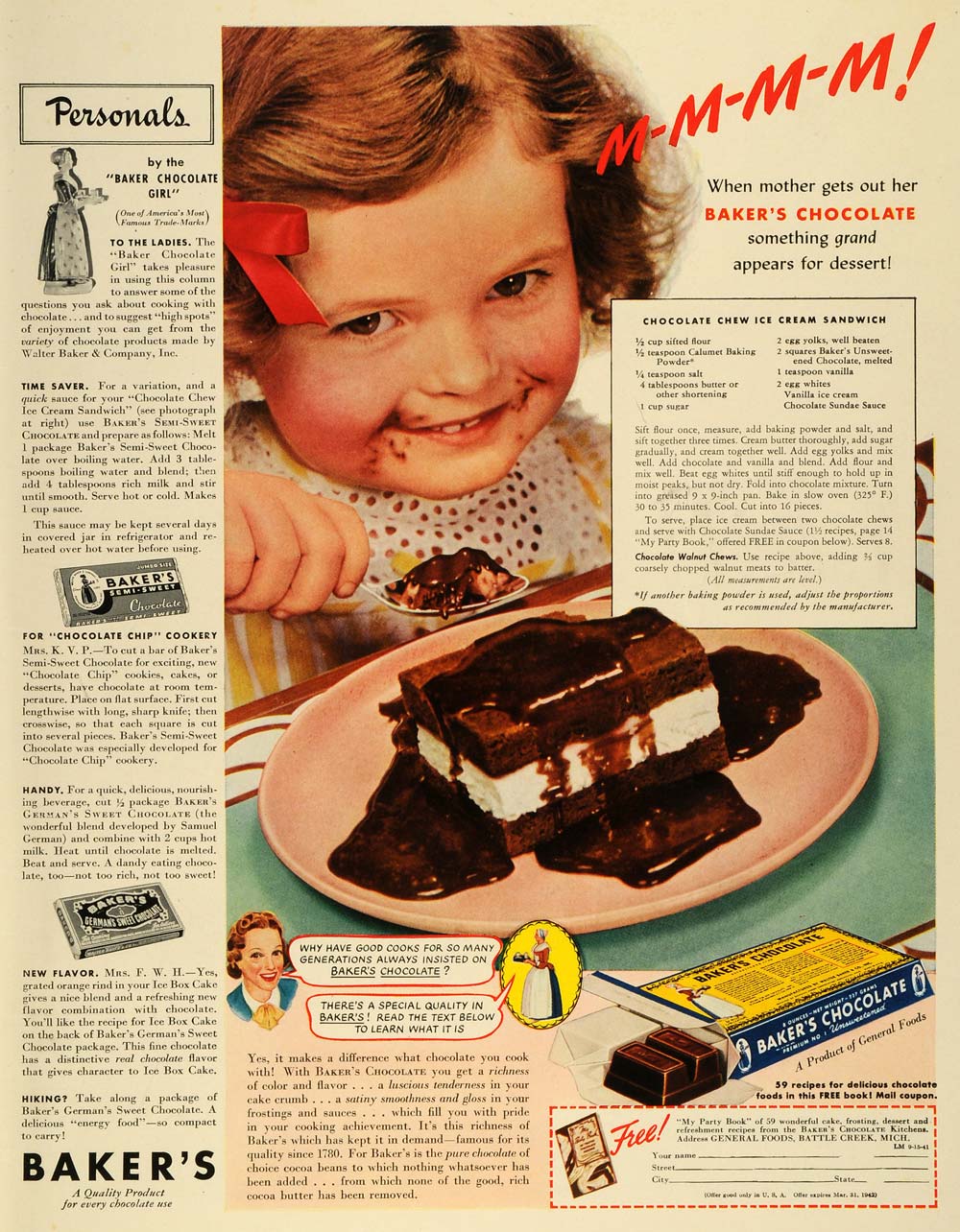 1941 Ad Bakers Chocolate Cocoa Ice Cream Cake Sandwich Girl Child Maid LF5