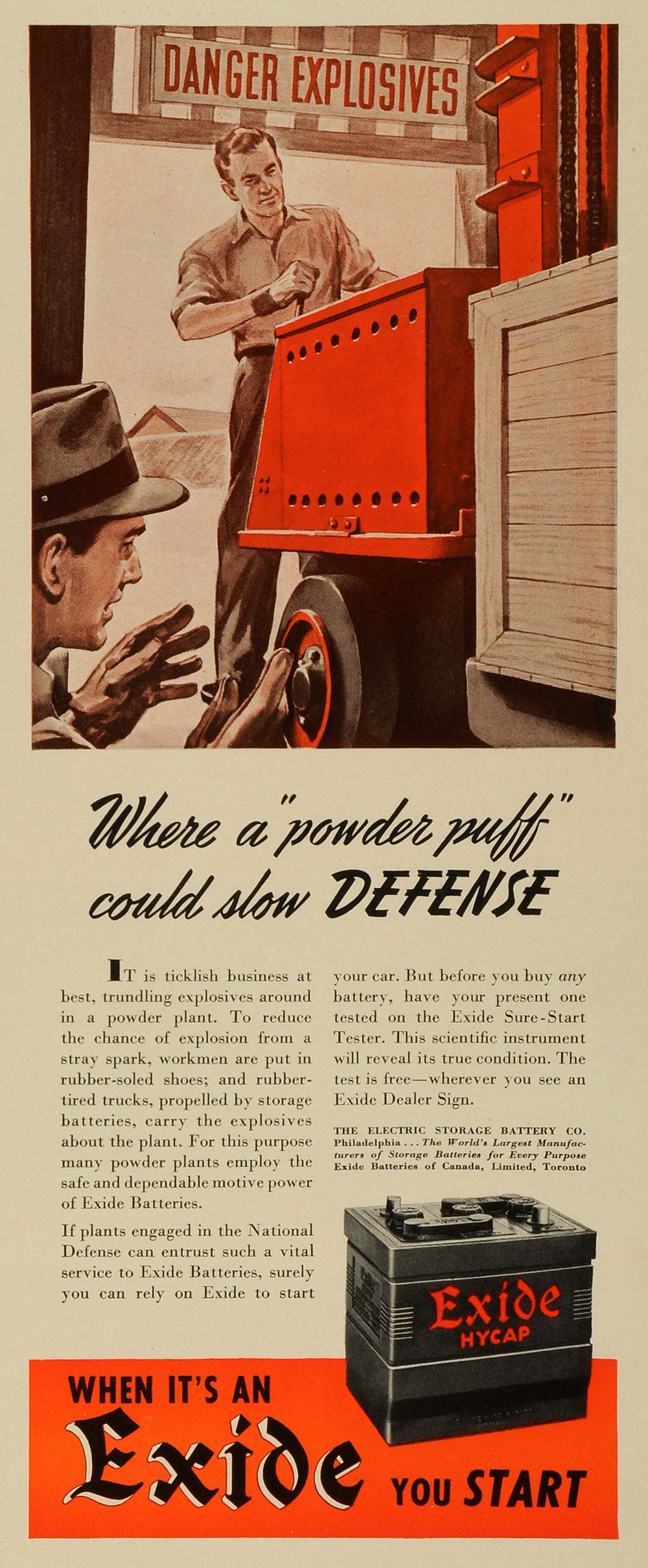 1941 Ad Electric Storage Exide Battery Automotive Explosives Handling Engine LF5