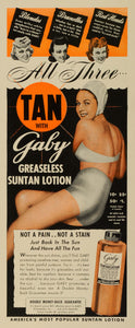 1942 Ad Gaby Greaseless Sun Tanning Lotion Oil Girl Bikini Summer Beauty LF5
