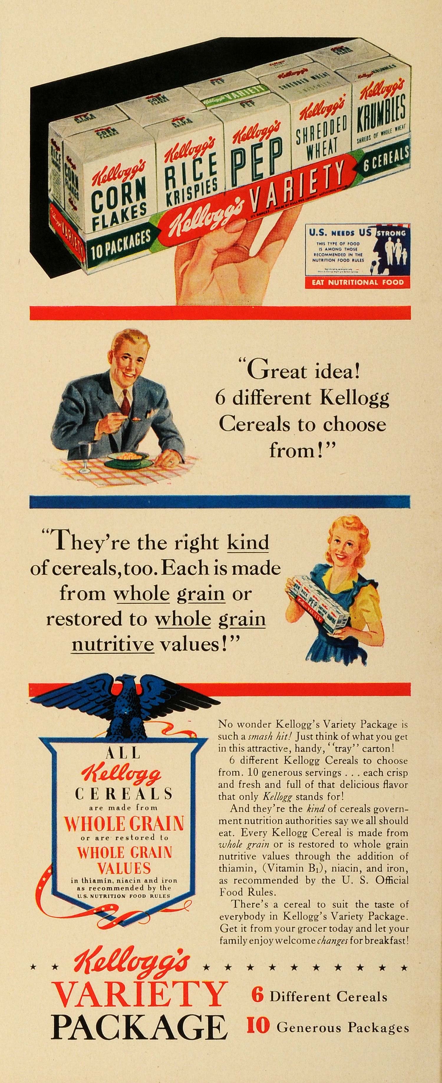 1942 Ad Kellogg Cereal Variety Package Breakfast Corn Flakes Rice Krispies LF5