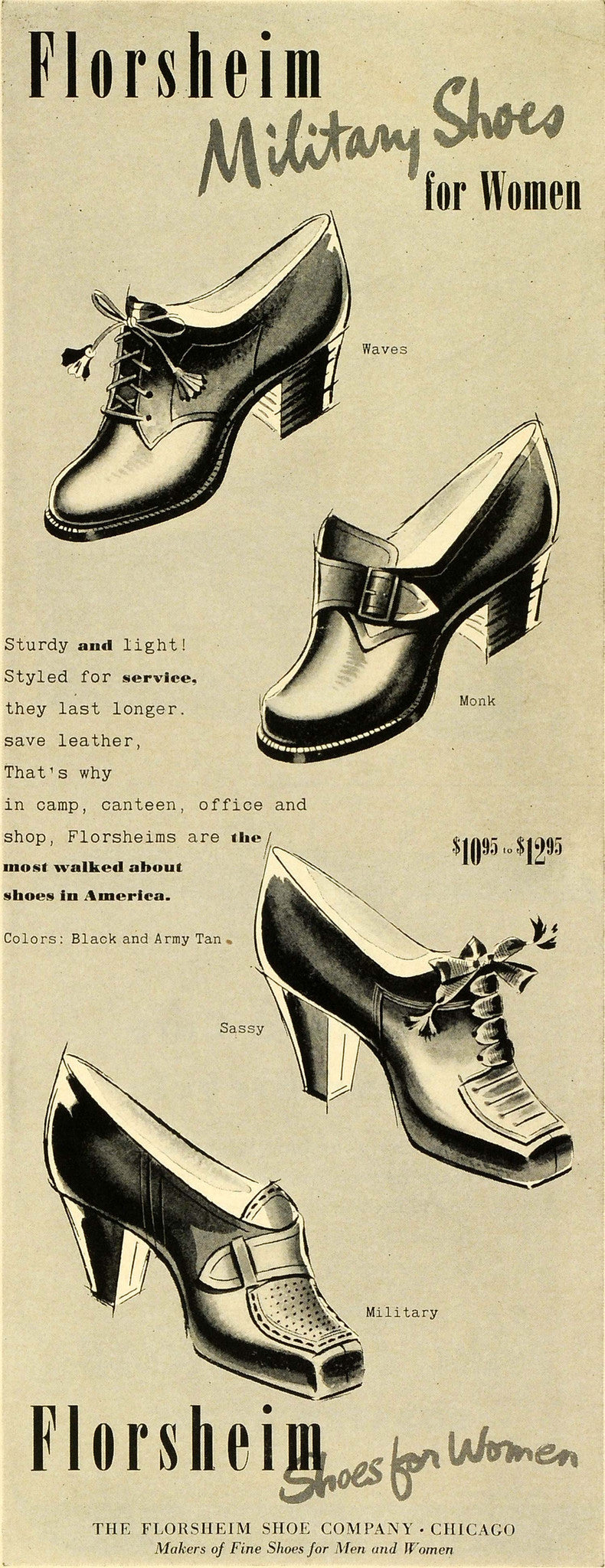 1942 Ad Florsheim Military Shoes Women Fashion World War II Heels Laces LF5 - Period Paper
