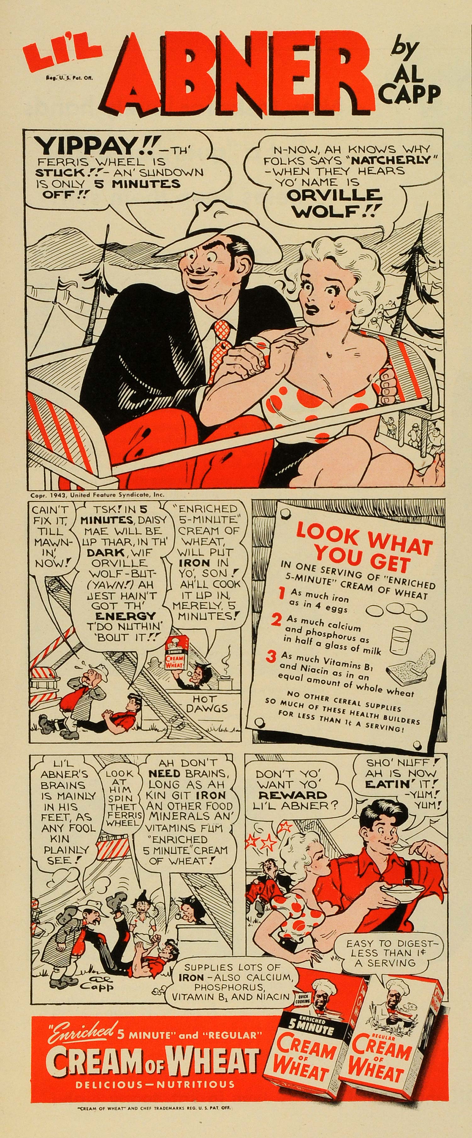 1943 Ad Cream Wheat Li'l Abner Comic Cartoon Carnival Ferris Wheel Art Al LF5