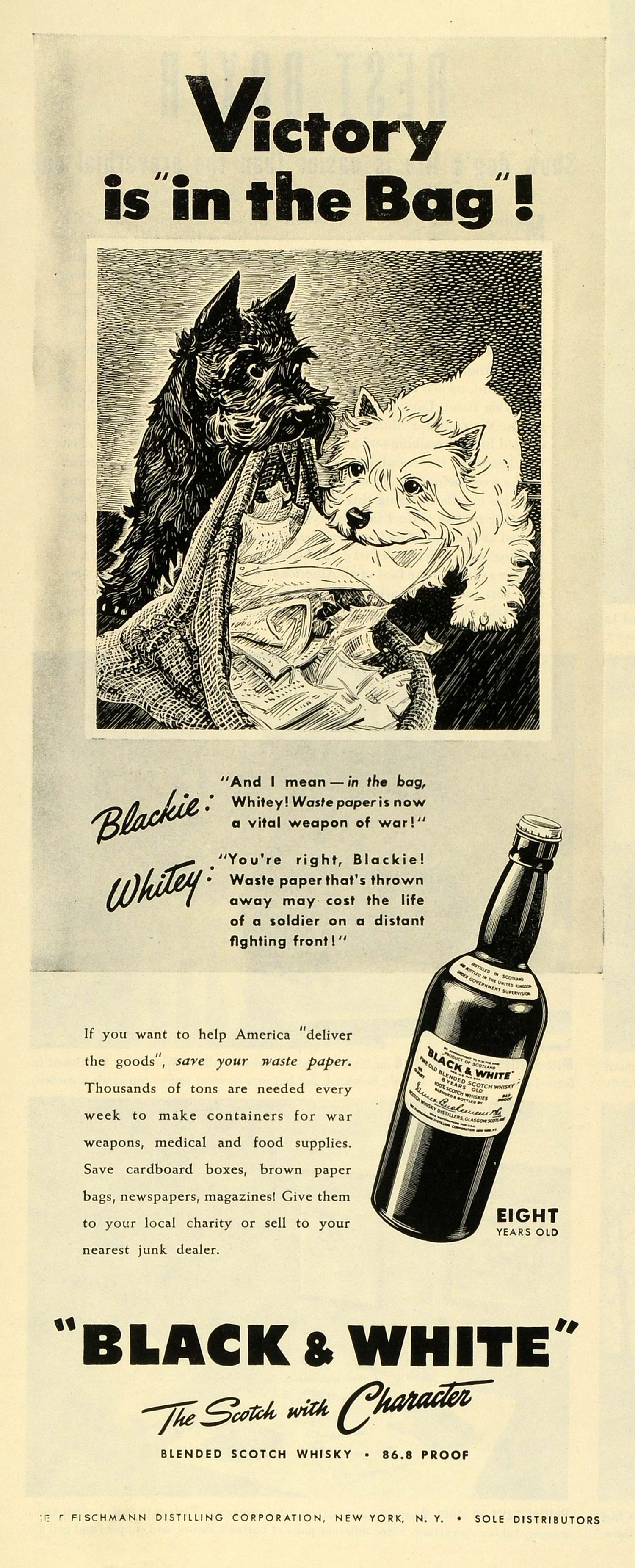 1944 Ad Fleischmann Black & White Scotch Whisky Scottish Terriers World War LF5