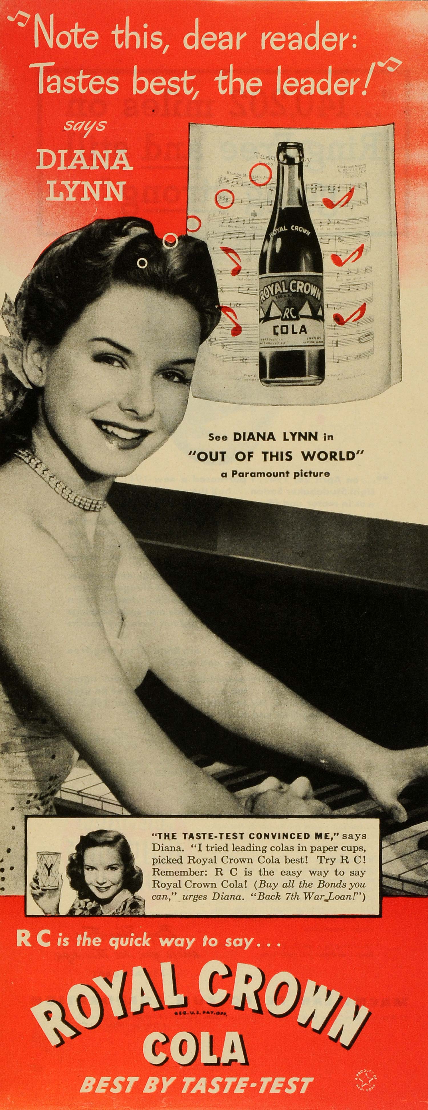 1945 Ad Royal Crown Cola R C Soda Pop Diana Lynn Actress Piano Music LF5