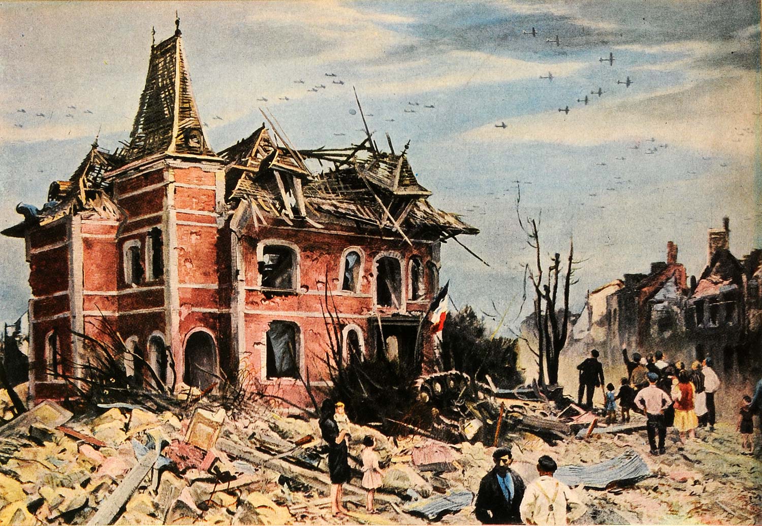 1945 Print Painting WWII France Saint-Lo Town Breakthrough Ogden M Pleissner LF5