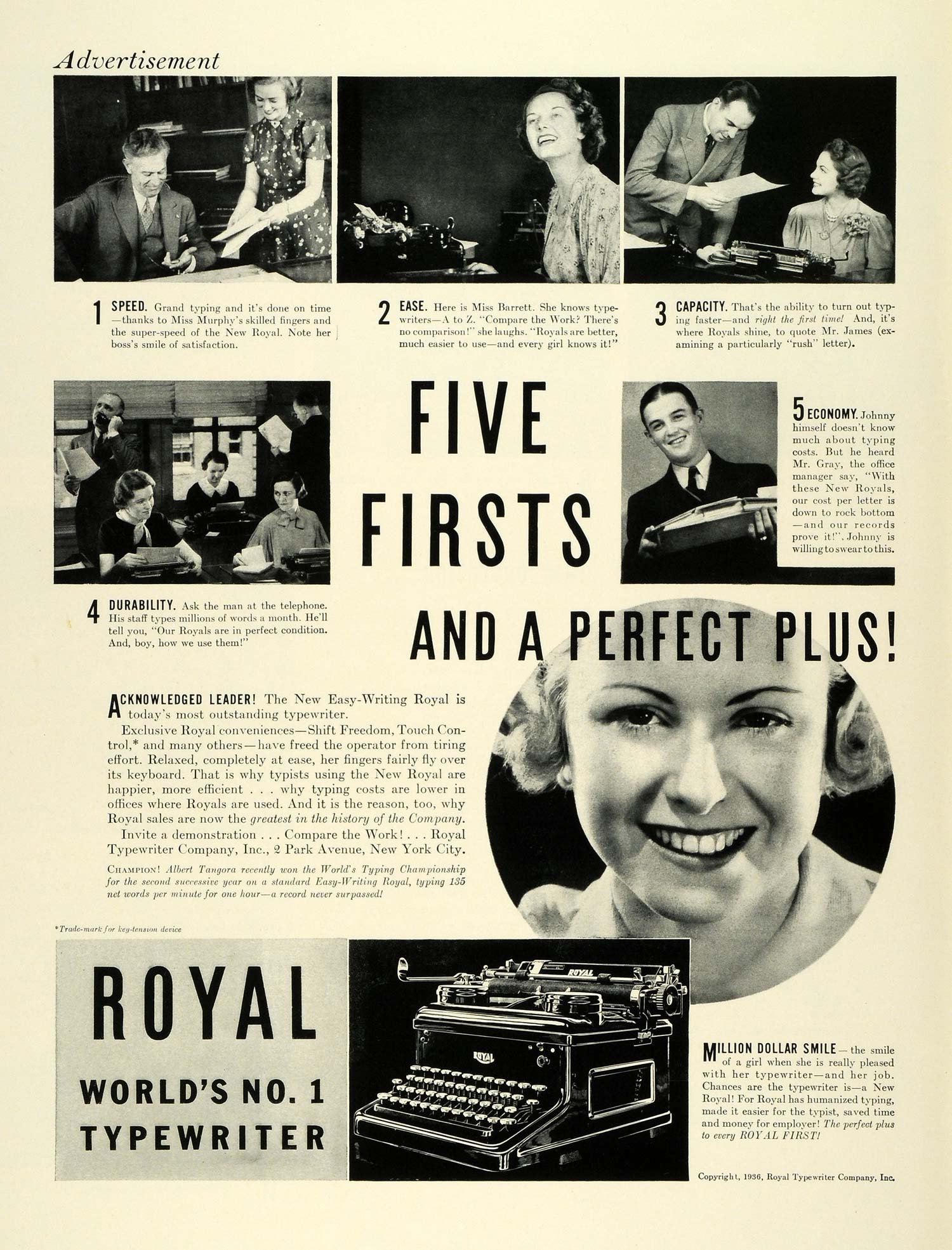 1936 Ad Easy Writing Royal Typewriter Secretary Business Office Equipment LF5