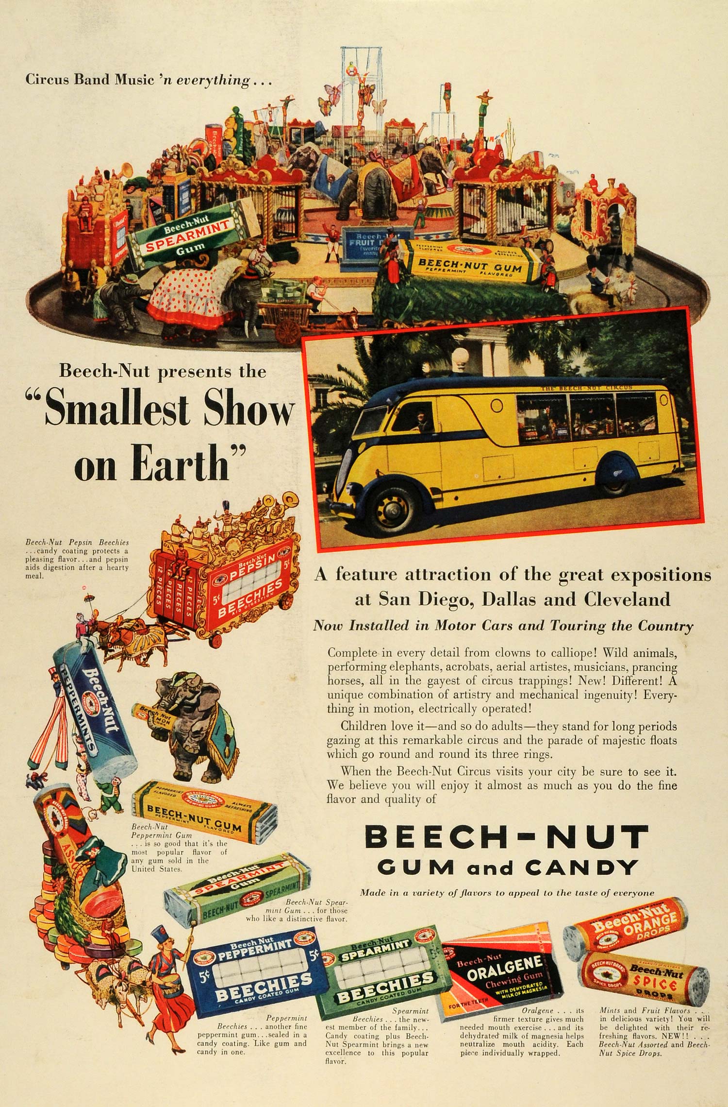 1936 Ad Beech Nut Gum Candy Pepsin Oralgine Beechies Smallest Circus Animals LF5