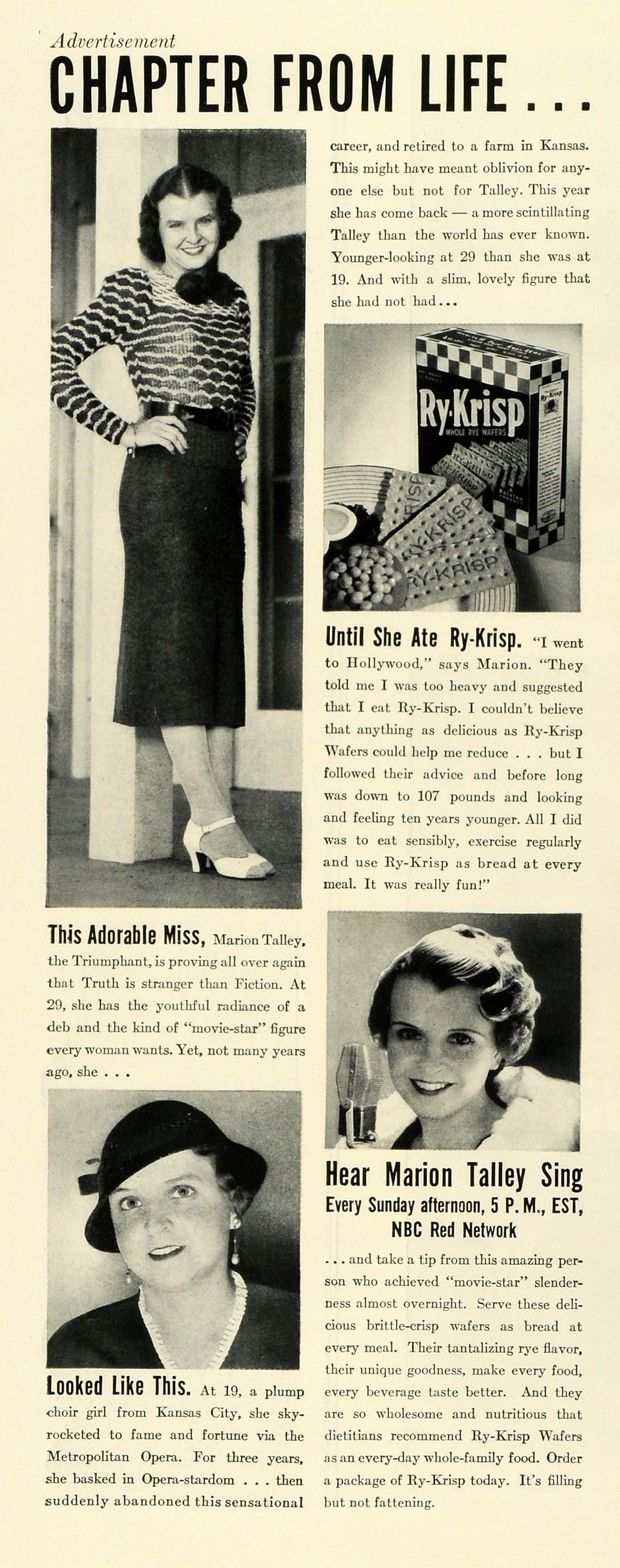 1936 Ad Ry Krisp Breakfast Cereal Marion Talley Singer NBC Radio Weight Loss LF5