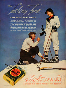 1937 Ad Lucky Strike Cigarettes Skiers Light Smoke Feeling Fine Toasting LF5