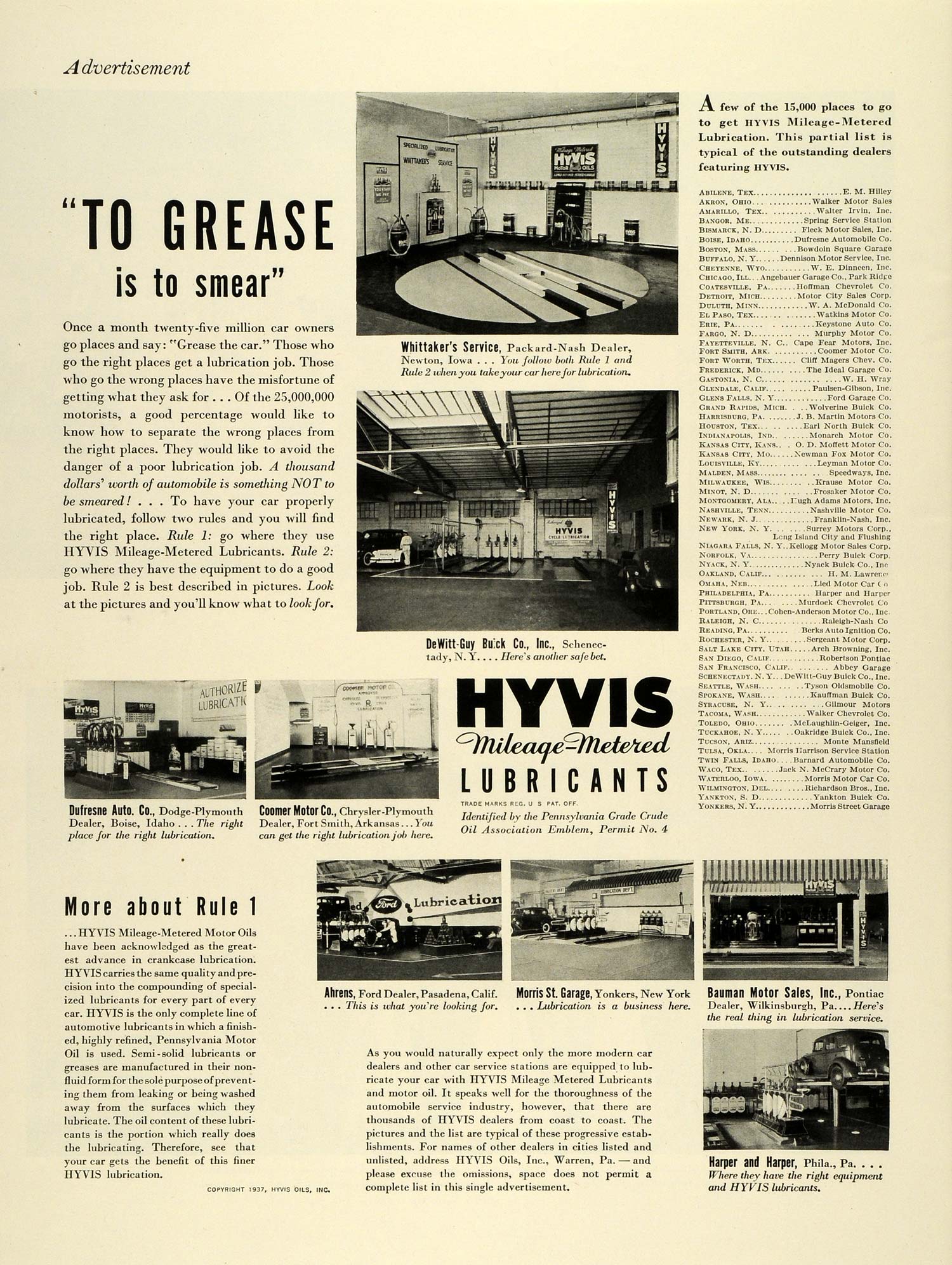 1937 Ad Hyvis Mileage-Metered Lubricants Oils Defresne Auto DeWitt-Guy Buick LF5