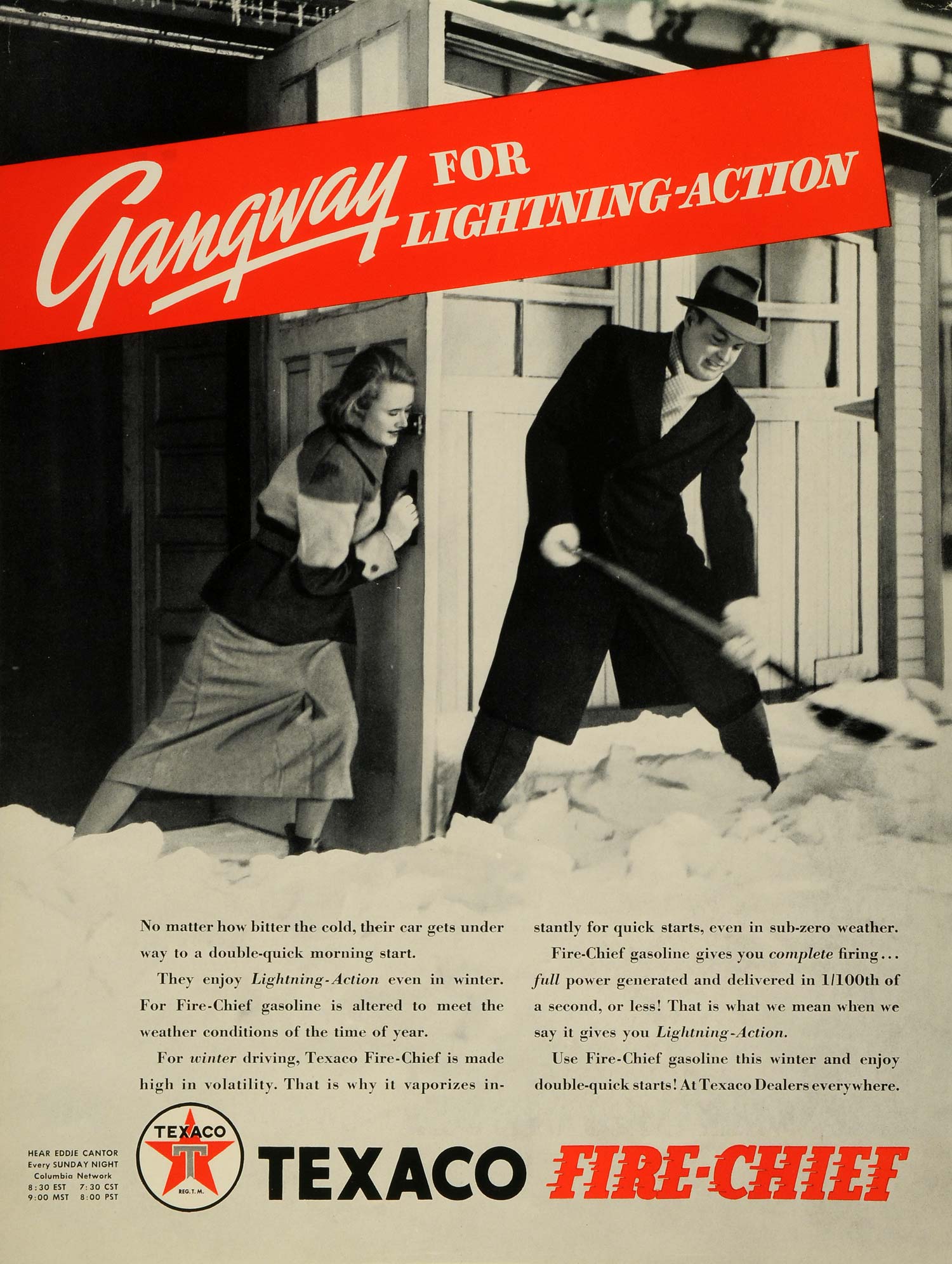 1937 Ad Texaco Fire Chief Gangway Lightning Action Shovel Snow Gasoline LF5