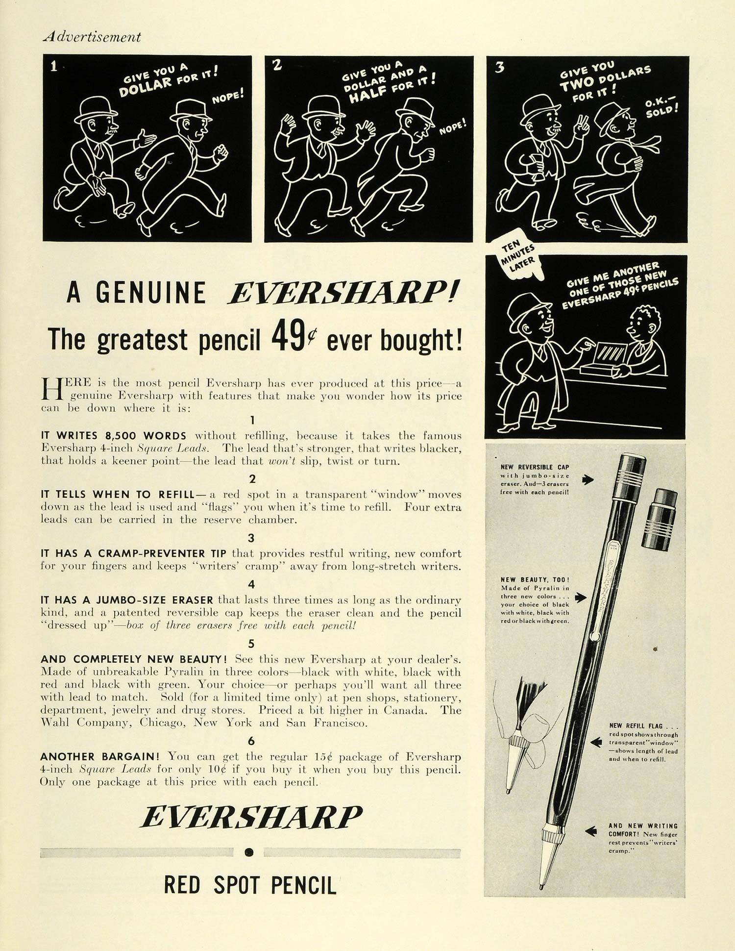 1937 Ad Eversharp Pencil Writing Utensil Eraser Pricing Lead Cartoon Wahl Co LF5