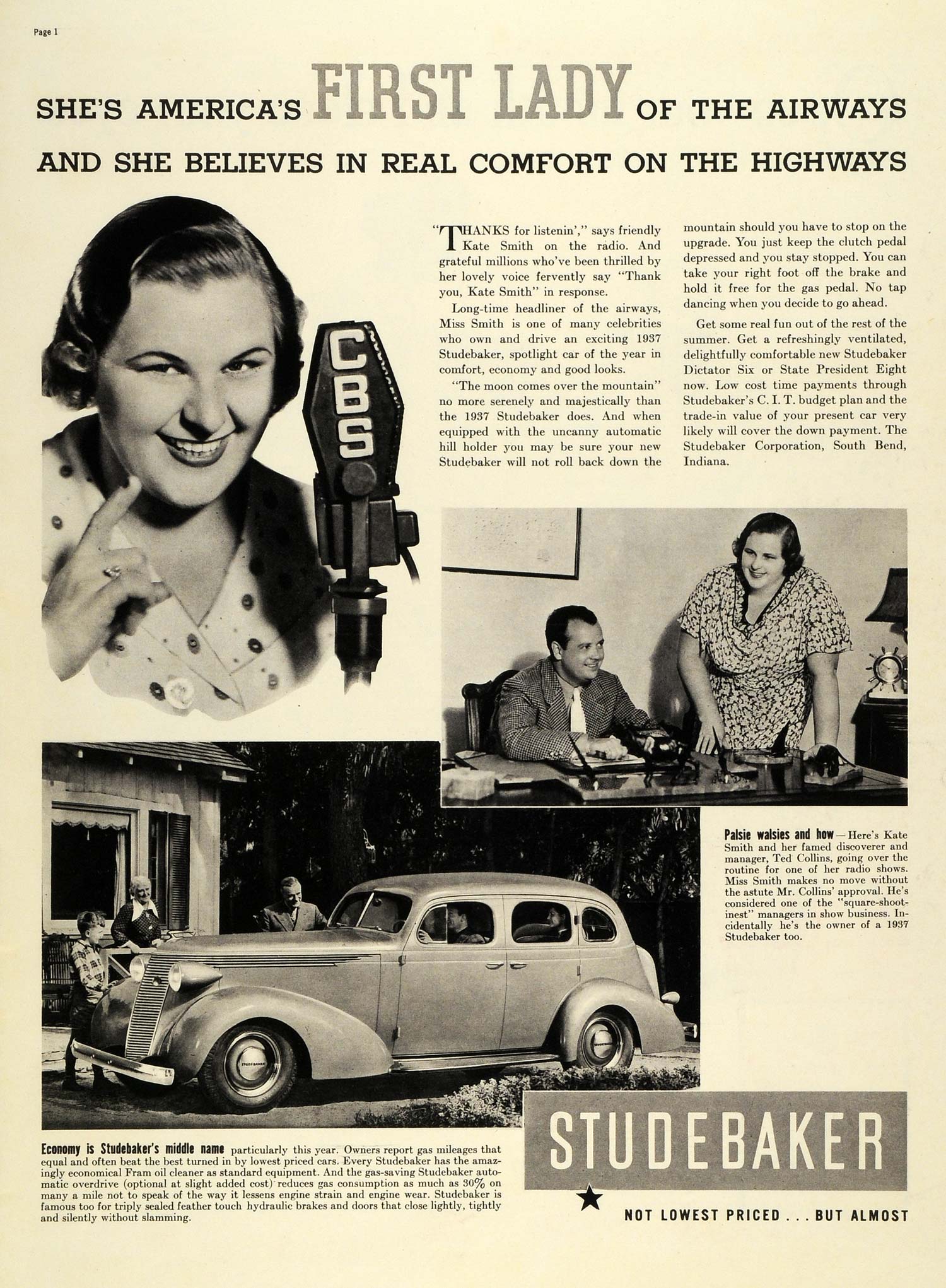 1937 Ad Studebaker Car Automobile Car Ted Collins Kate Smith CBS Radio Motor LF5