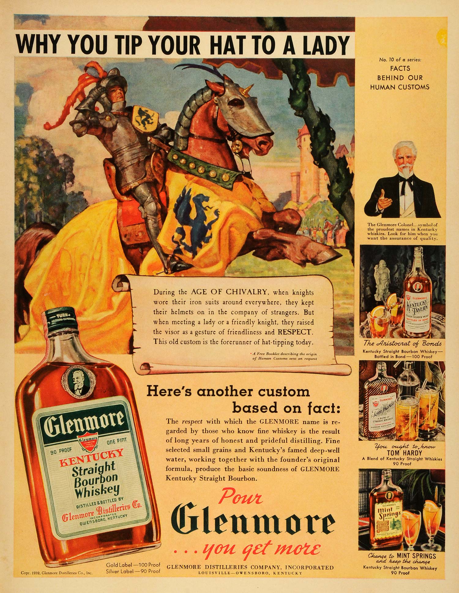1939 Ad Glenmore Kentucky Bourbon Whiskey Medieval Knight Cavalry Chivalry LF5