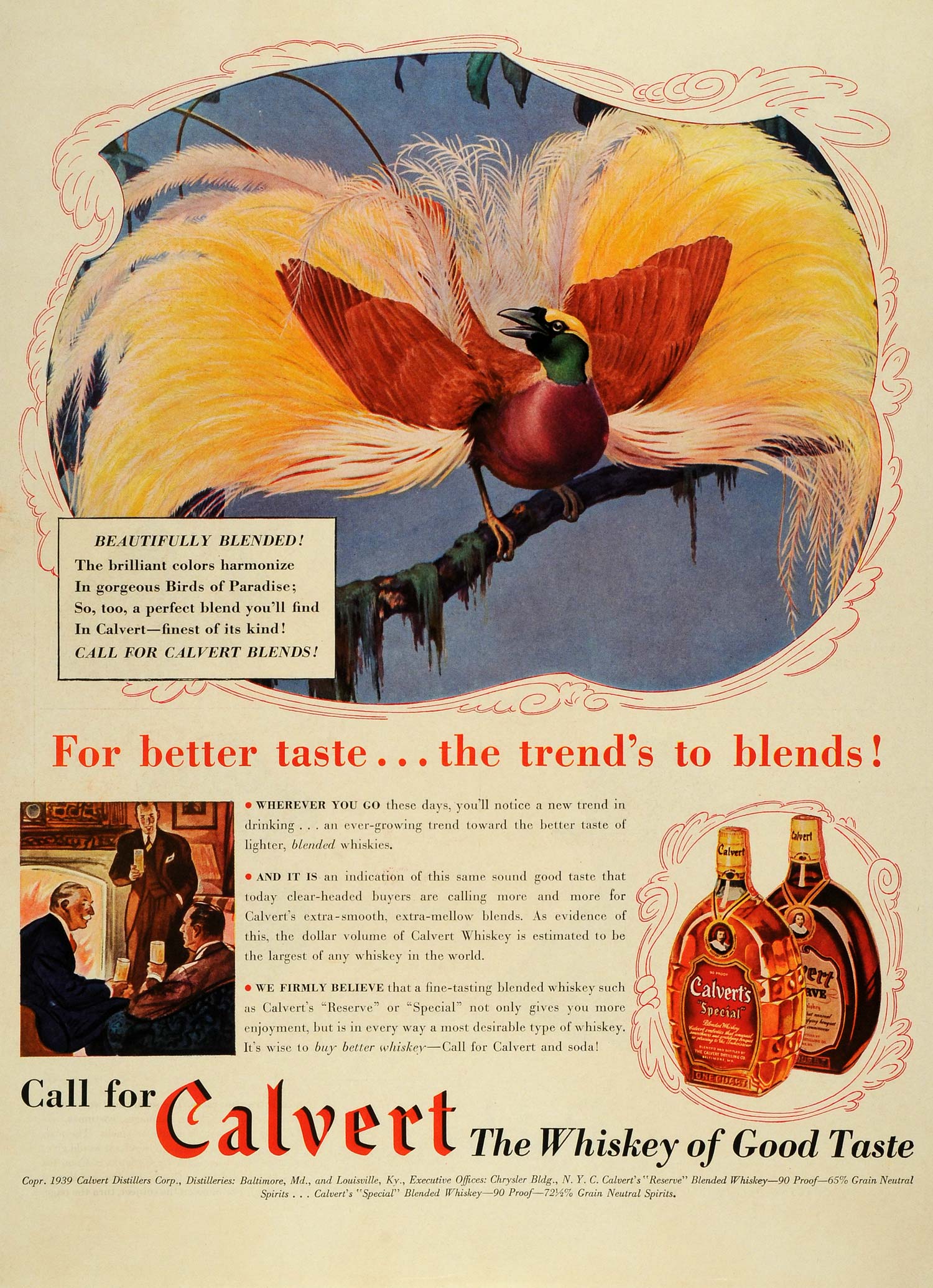 1939 Ad Calvert Special Reserve Whiskey Liquor bottle Alcohol Birds of LF5