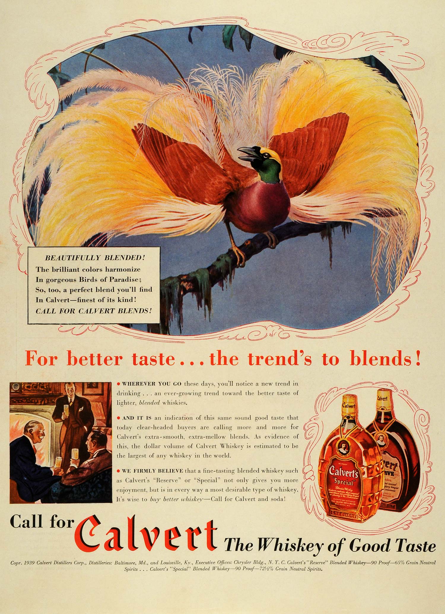 1939 Ad Calvert Special Reserve Whiskey Liquor bottle Alcohol Birds of