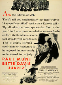 1939 Ad Warner Bros Movie Juarez Film Motion Pictures Paul Muni Bette Davis LF5