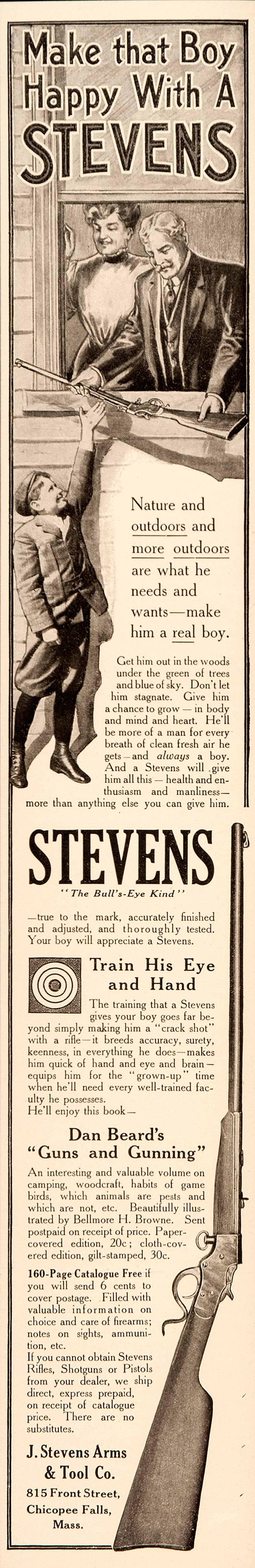 1909 Ad Gun Stevens Dan Beard Outdoors Boy Bull's Eye - ORIGINAL LHJ1