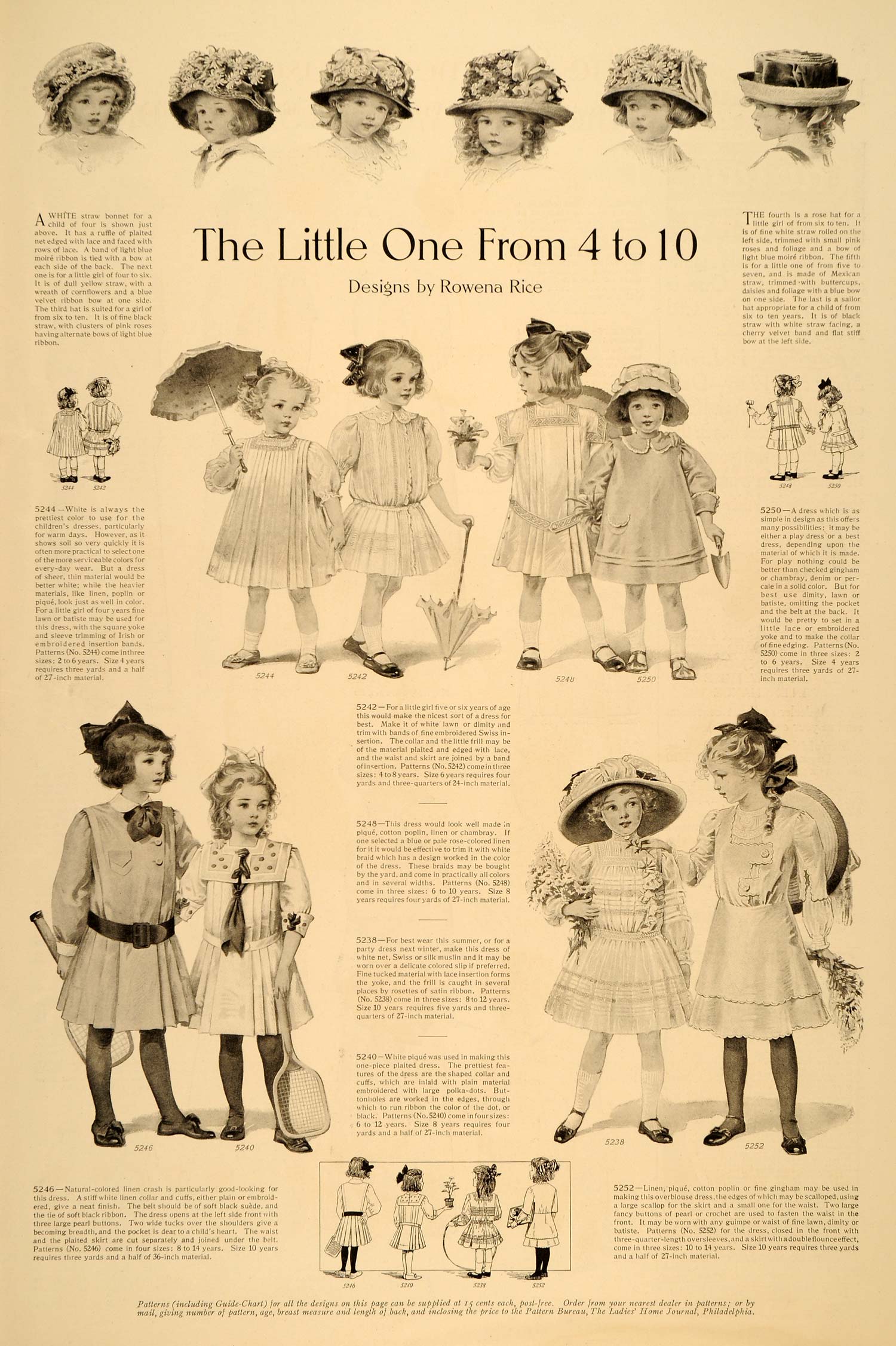 1910 Print Dress Hat Umbrella Straw Bonnet Ribbon - ORIGINAL HISTORIC IMAGE LHJ1