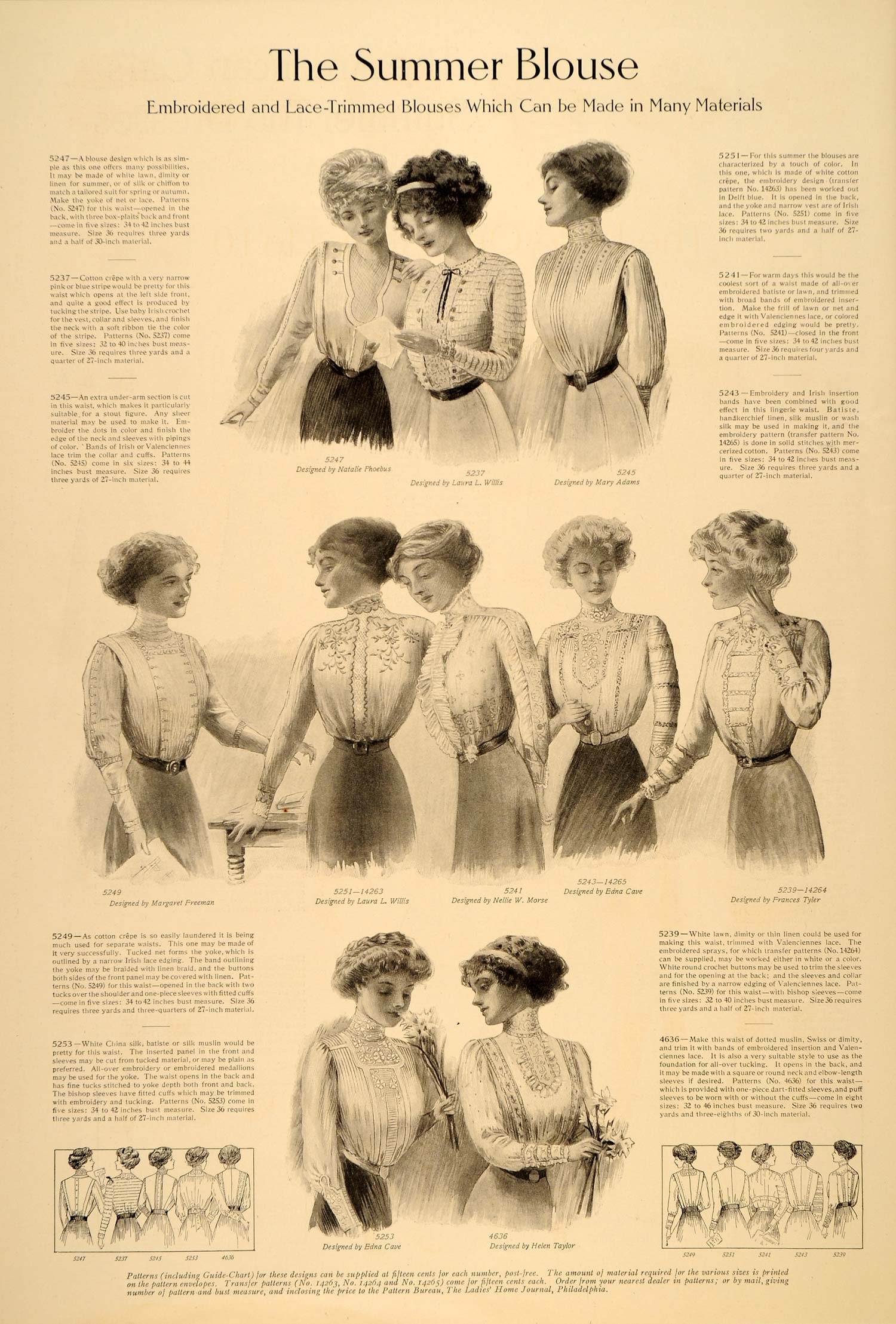 1910 Print Summer Blouse Embroidered Lace Trim Silk - ORIGINAL 