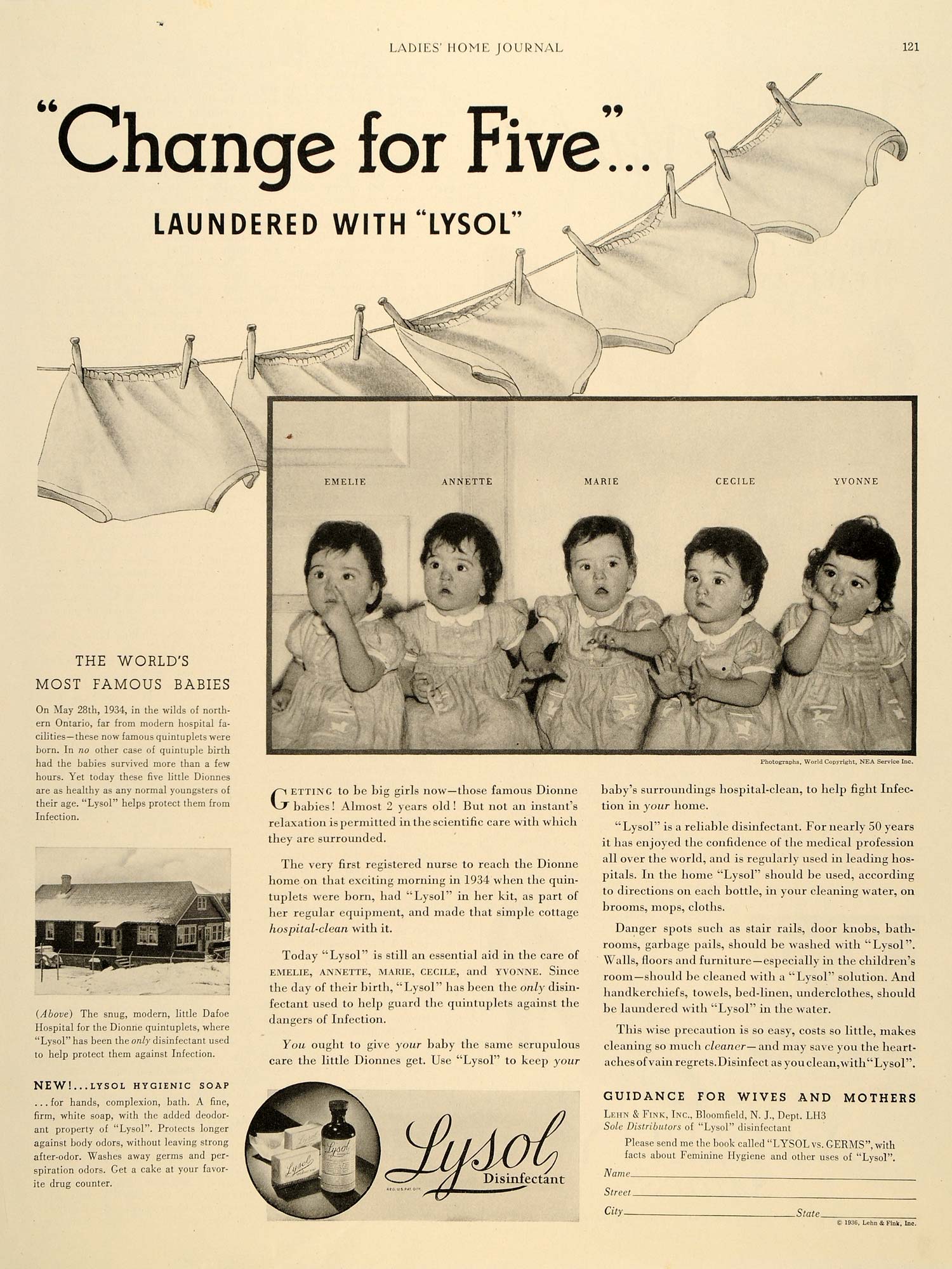 1936 Ad Dionne Quintuplets Lysol Disinfectant Lehn Fink - ORIGINAL LHJ2