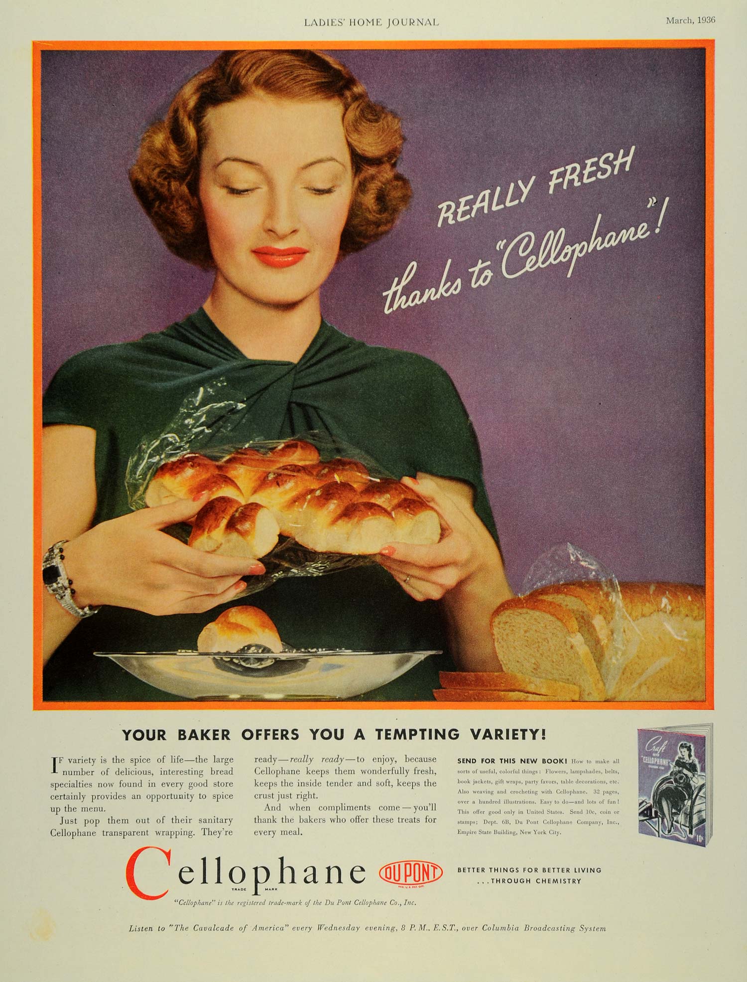 1936 Ad Du Pont Cellophane Woman Baking Fresh Rolls - ORIGINAL ADVERTISING LHJ2