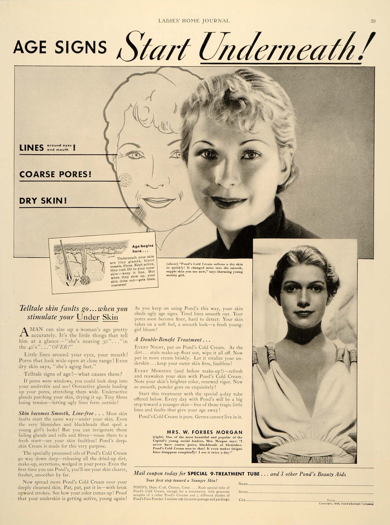 1936 Ad Pond's Cold Cream Mrs. W. Forbes Morgan Beauty - ORIGINAL LHJ2