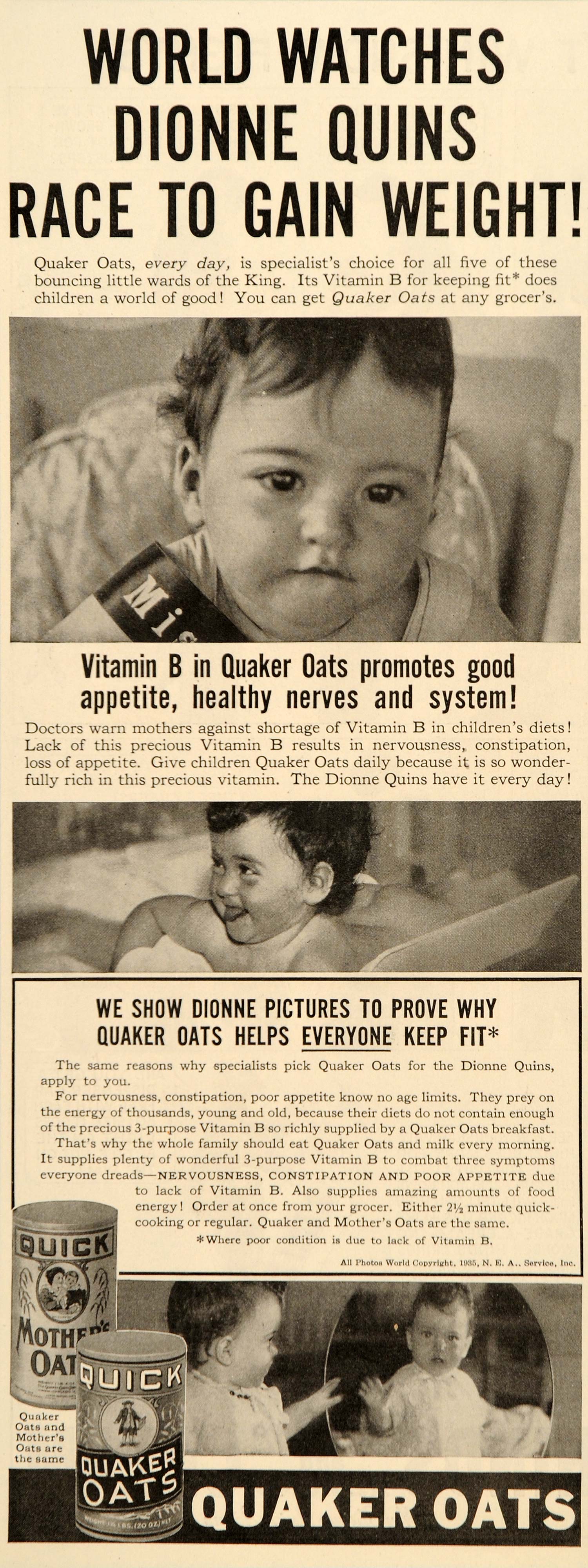 1936 Ad Quick Quaker Mother Oats Dionne Quintuplets - ORIGINAL ADVERTISING LHJ2