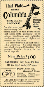 1895 Ad Columbia Bicycles Hartfords Models Pricing Pope - ORIGINAL LHJ3