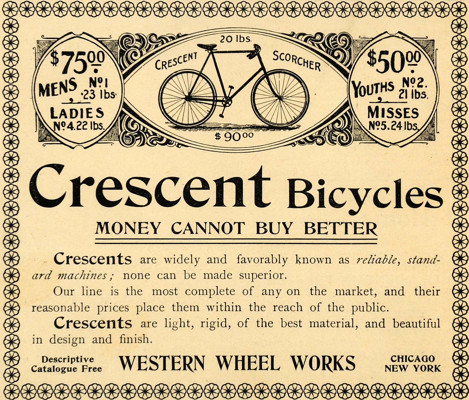 1895 Ad Crescent Bicycles Western Wheel Works Pricing - ORIGINAL LHJ3