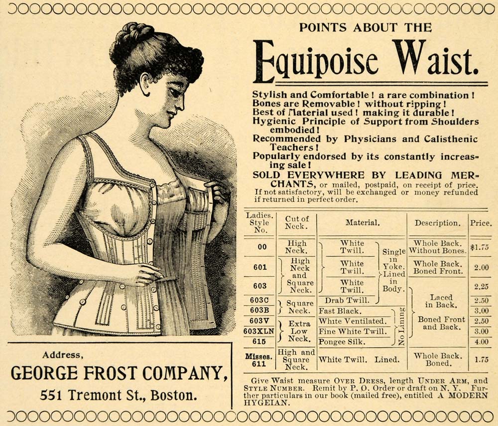 1895 Ad Equipoise Waist George Frost Chart Corset - ORIGINAL ADVERTISING LHJ3