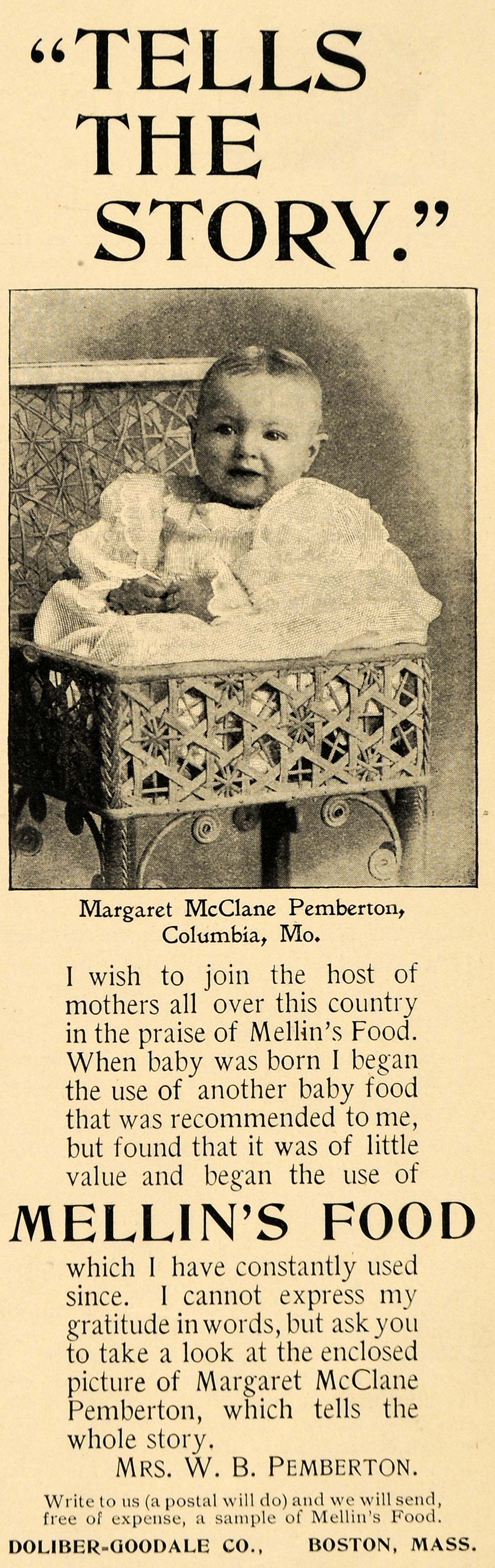 1897 Ad Mellin's Baby Food Margaret McClane Pemberton - ORIGINAL LHJ3