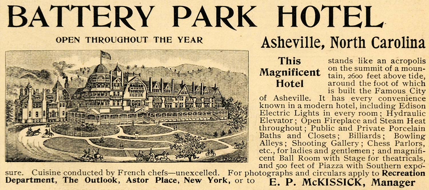 1895 Ad Battery Park Hotel Asheville NC E. P. McKissick - ORIGINAL LHJ3
