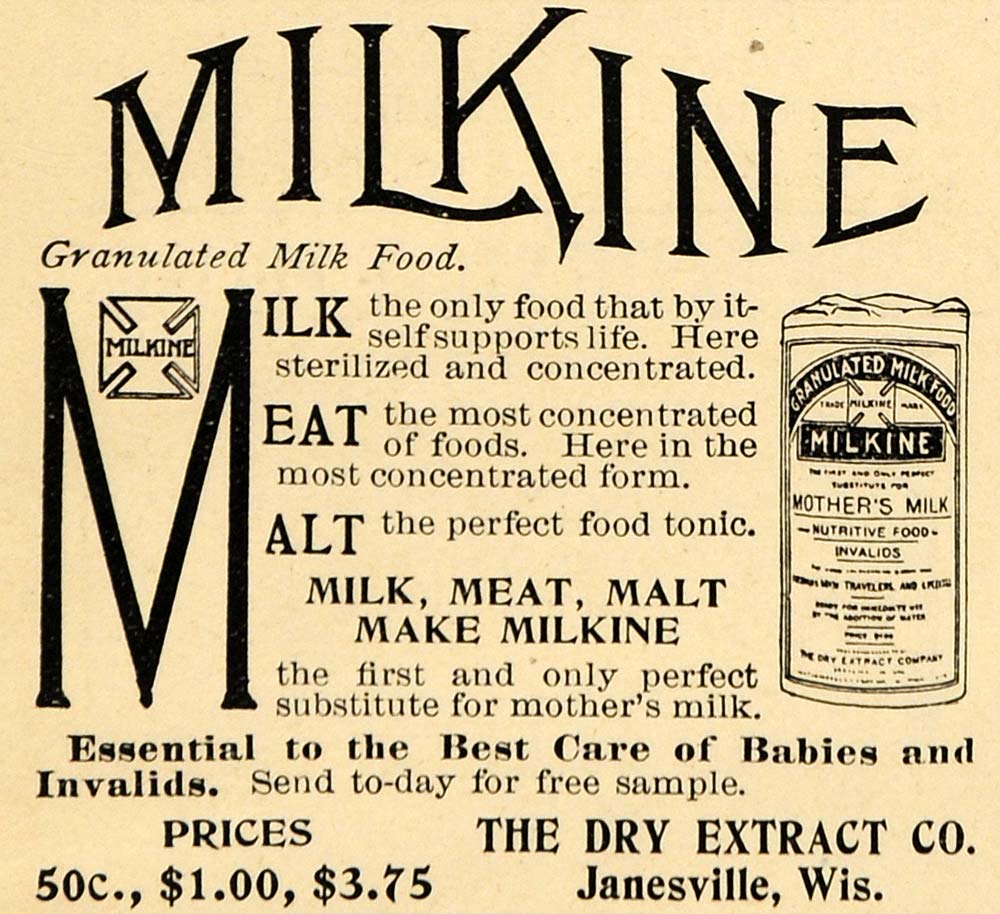 1895 Ad Milkine Mother's Milk Baby Food Janesville - ORIGINAL ADVERTISING LHJ3