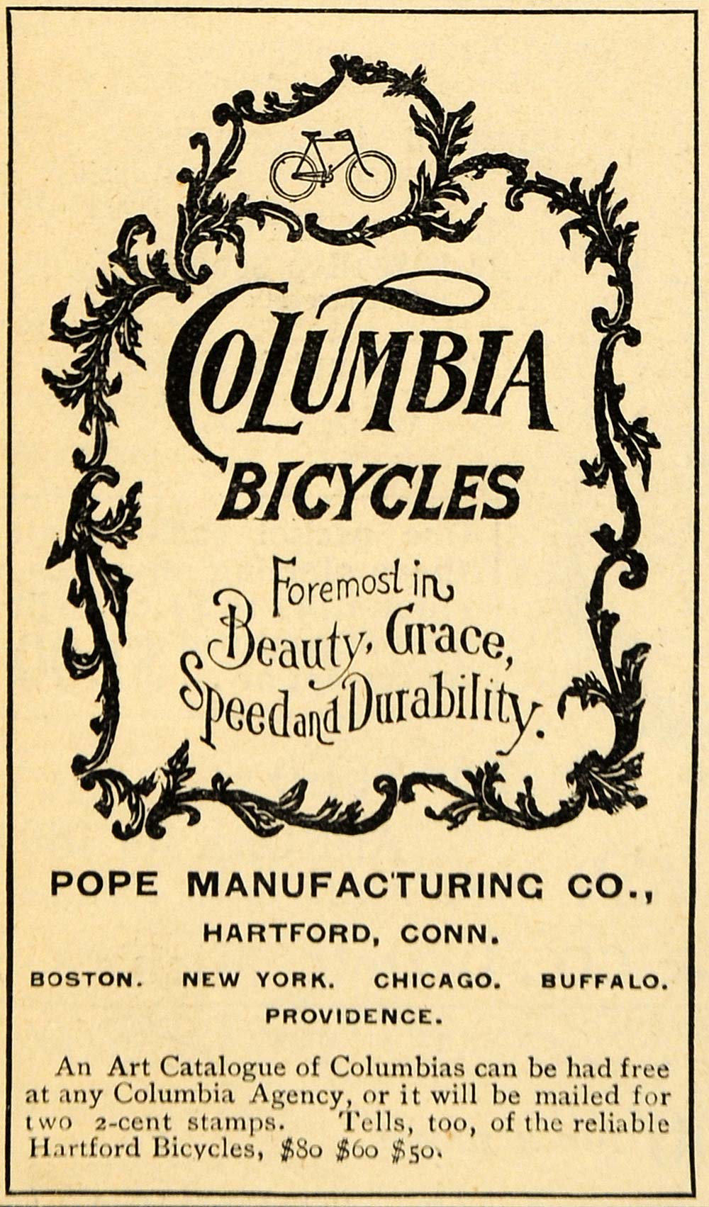 1895 Ad Pope Columbia Bicycles Pricing Hartford Conn. - ORIGINAL LHJ3