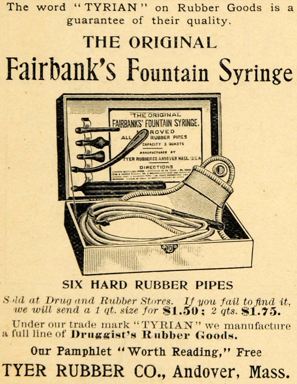 1894 Ad Fairbank Fountain Syringe Tyler Rubber Andover - ORIGINAL LHJ3