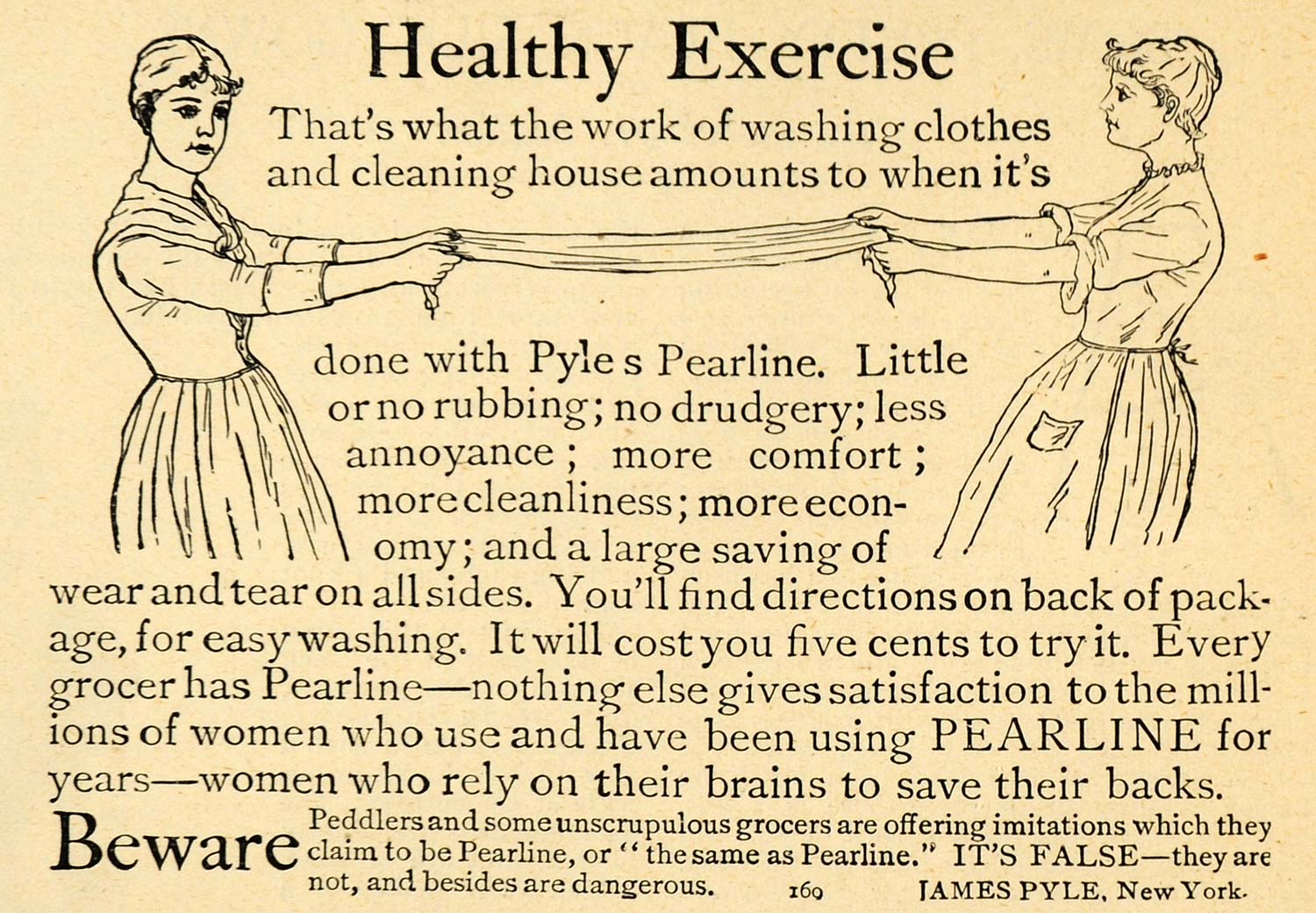 1891 Ad Exercise Washing Clothes James Pyle Pearline - ORIGINAL ADVERTISING LHJ3
