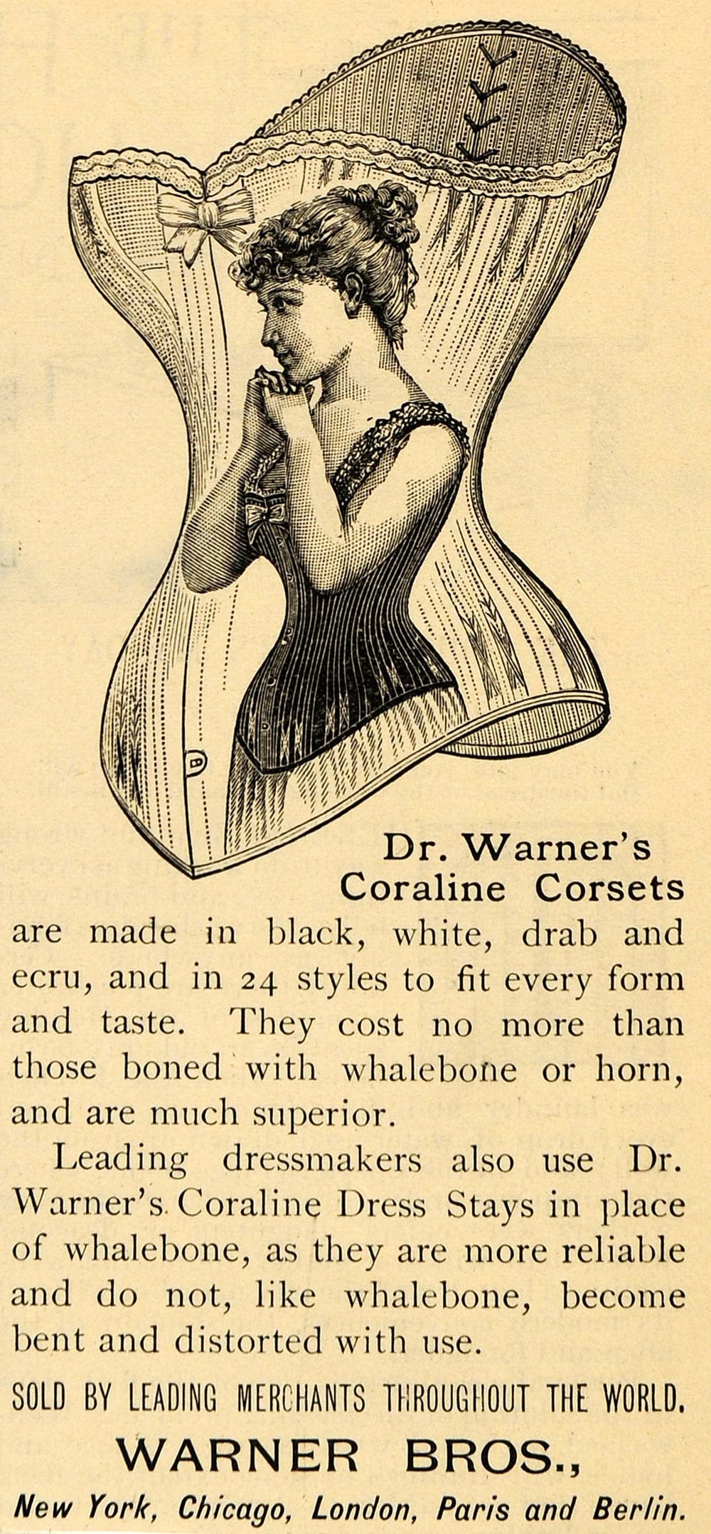 1891 Ad Dr Warner Brothers Coraline Corsets Dress Whale - ORIGINAL LHJ3