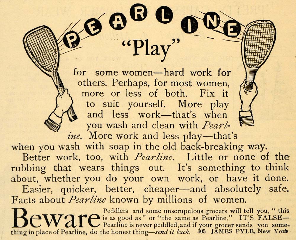 1891 Ad Tennis Rackets James Pyle Pearline Detergent - ORIGINAL ADVERTISING LHJ3