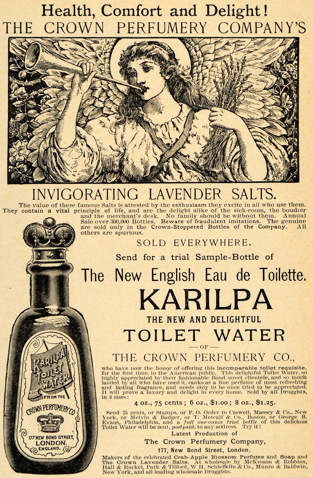 1891 Ad Angel Horn Karilpa Toilet Water Crown Perfumery - ORIGINAL LHJ3