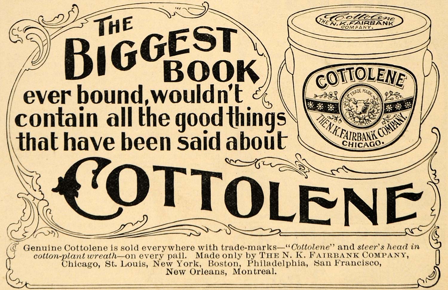 1897 Ad Cottolene N. K. Fairbank Shortening Beef Oil - ORIGINAL ADVERTISING LHJ3