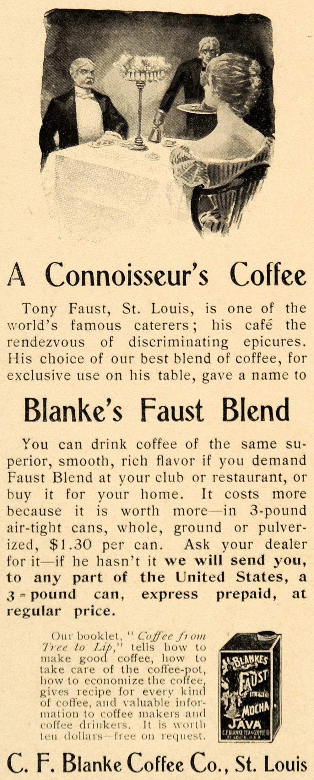 1899 Ad Blanke Faust Blend Mocha Java Coffee Cans Drink - ORIGINAL LHJ4