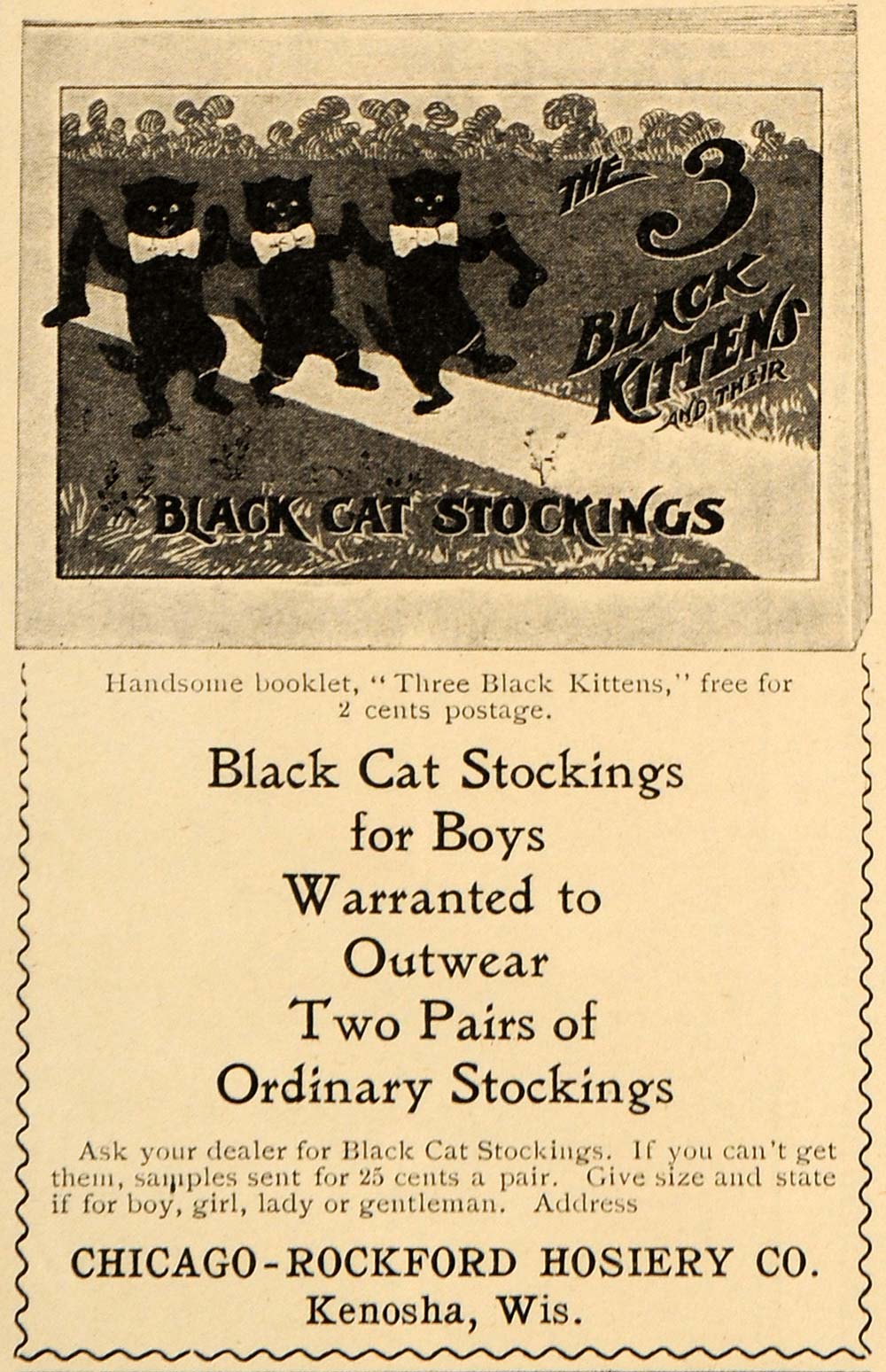 1900 Ad Black Cat Stockings Two Pairs Socks Kittens Boy - ORIGINAL LHJ4