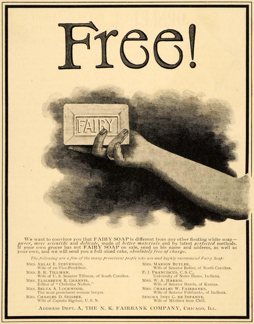 1900 Ad Free Fairy Soap N K Fairbank Hygiene Beauty - ORIGINAL ADVERTISING LHJ4