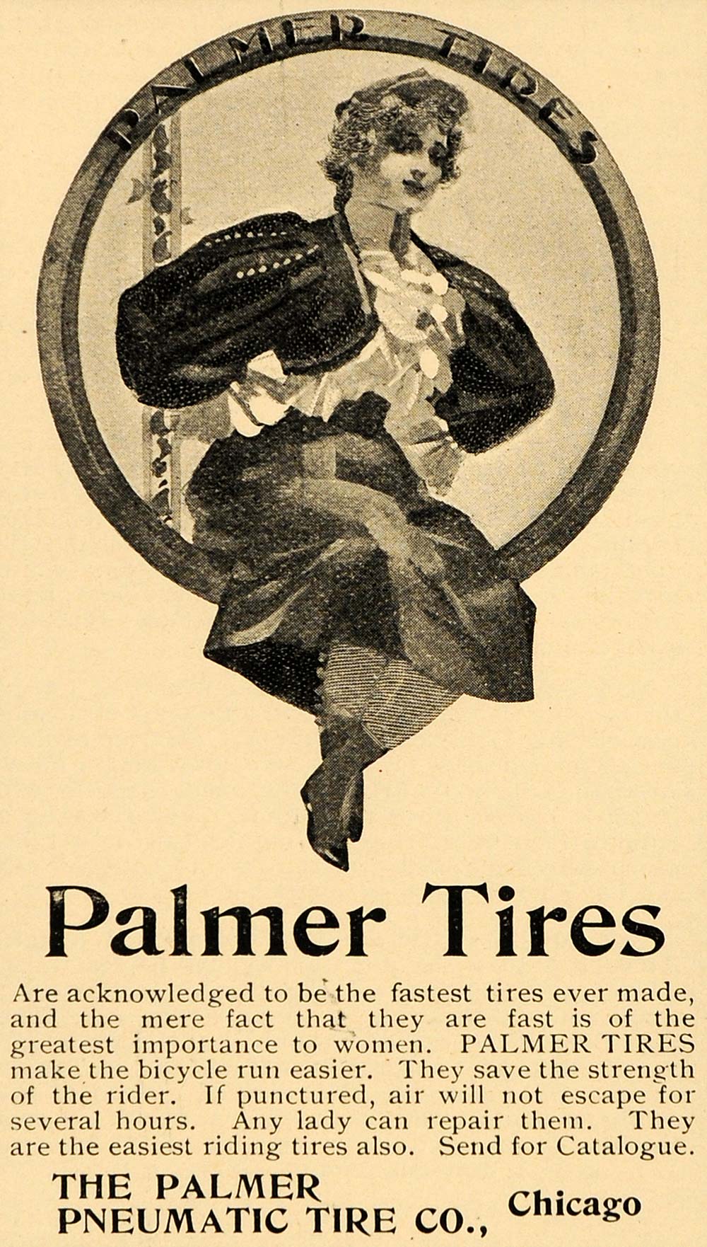 1896 Ad Palmer Tires Pneumatic Chicago Woman Bicycle - ORIGINAL ADVERTISING LHJ4
