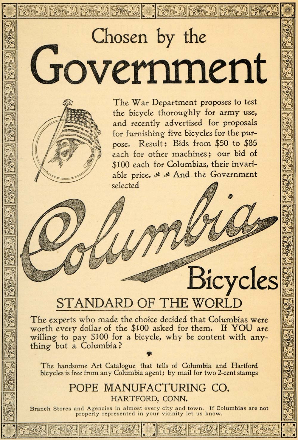 1896 Ad Columbia Bicycle Pope Hartford War Cyclist Army - ORIGINAL LHJ4